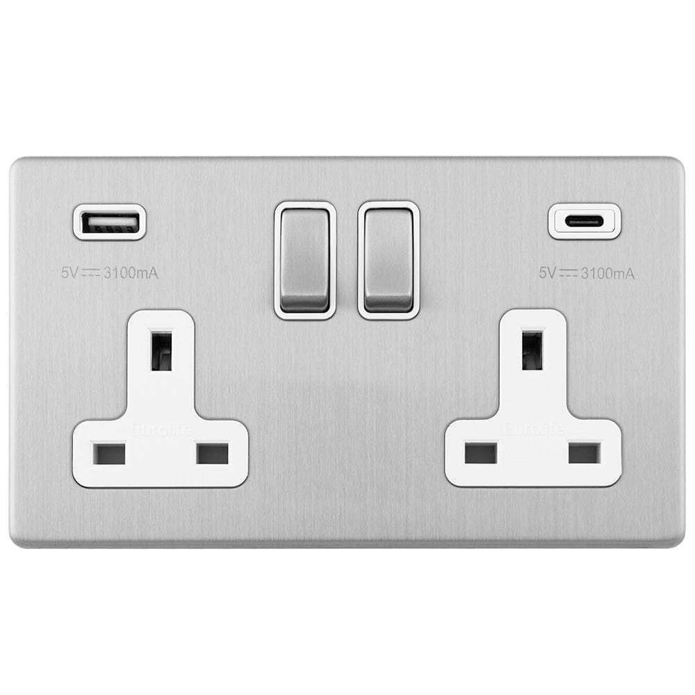 EuroLite Electrical Stainless Steel / Concealed 3mm 2 Gang USBC Socket / (With White Trim) Eurolite Concealed 3mm Concealed 3Mm 2 Gang Usbc Socket - Stainless Steel (With White Trim)