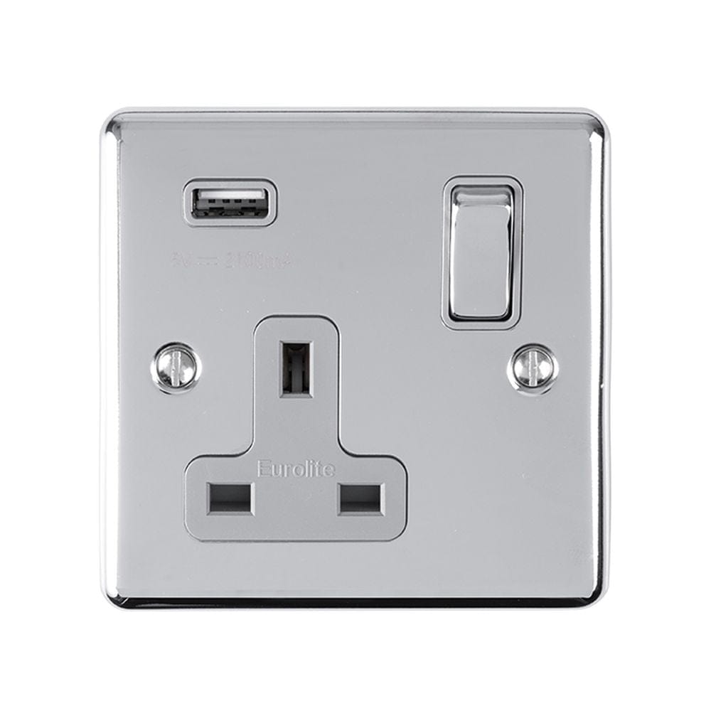 EuroLite Electrical Polished Chrome / 1 Gang USB Socket / (With GREY Trim) Eurolite Enhance Decorative 1 Gang USB Socket - Polished Chrome (With Grey Trim)