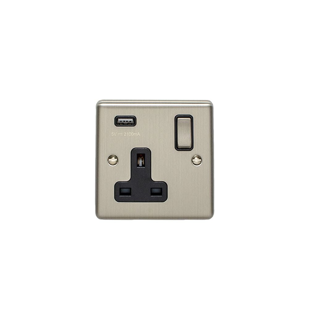 EuroLite Electrical Satin Stainless / 1 Gang USB Socket / (With Black Trim) Eurolite Enhance Decorative 1 Gang USB Socket - Satin Stainless Steel (With Black Trim)