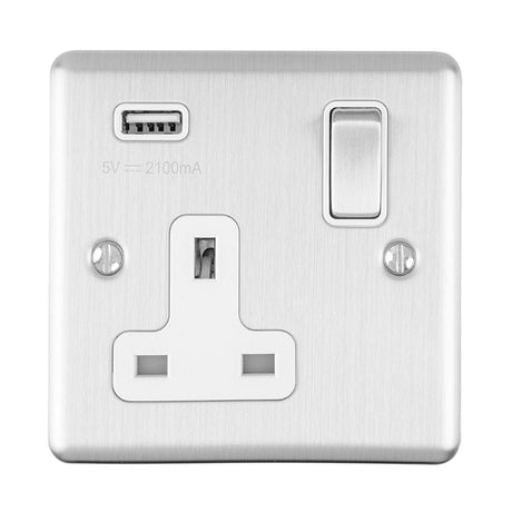 EuroLite Electrical Satin Stainless / 1 Gang USB Socket / (With White Trim) Eurolite Enhance Decorative 1 Gang USB Socket - Satin Stainless Steel (With White Trim)