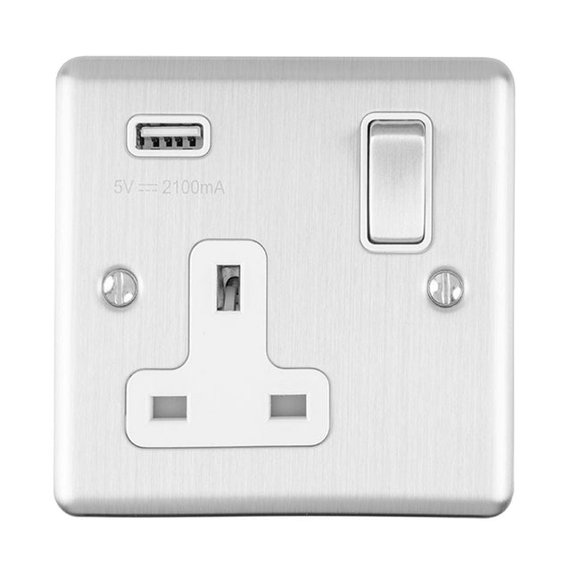 EuroLite Electrical Satin Stainless / 1 Gang USB Socket / (With White Trim) Eurolite Enhance Decorative 1 Gang USB Socket - Satin Stainless Steel (With White Trim)