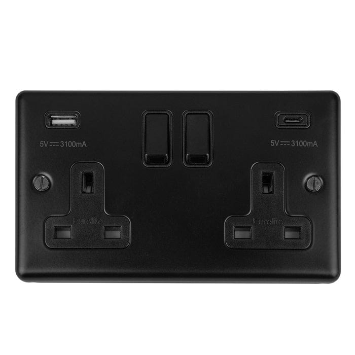 EuroLite Electrical Matt Black / 2 Gang 13Amp Switched Socket With Usb C / (With Black Trim) Eurolite Enhance Decorative 2 Gang 13Amp Switched Socket With Usb C Matt Black - Matt Black (With Black Trim)