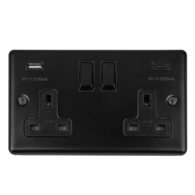 EuroLite Electrical Matt Black / 2 Gang 13Amp Switched Socket With Usb C / (With Black Trim) Eurolite Enhance Decorative 2 Gang 13Amp Switched Socket With Usb C Matt Black - Matt Black (With Black Trim)