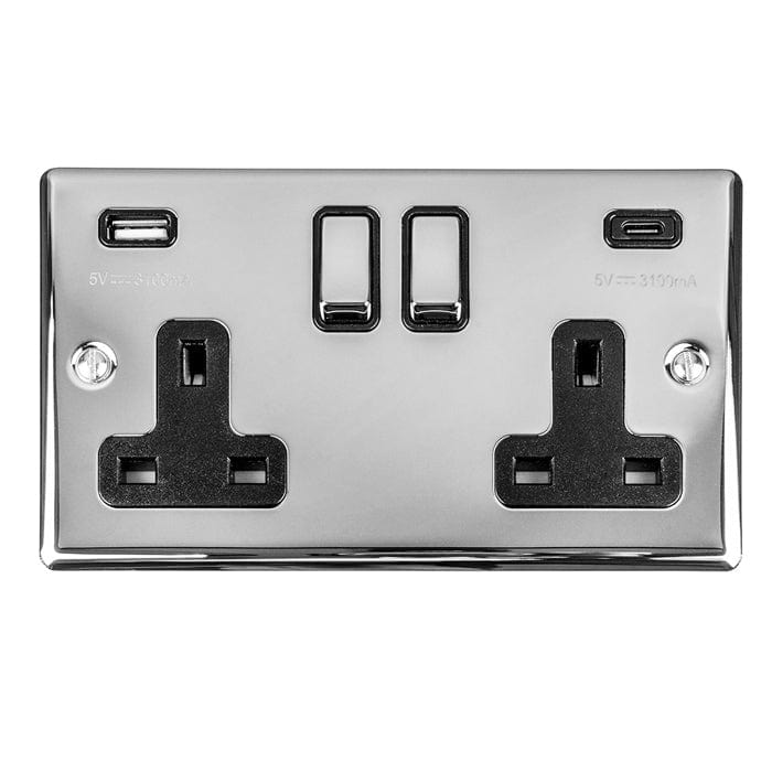 EuroLite Electrical Polished Chrome / 2 Gang 13Amp Switched Socket With Usb C / (With Rockers Trim) Eurolite Enhance Decorative 2 Gang 13Amp Switched Socket With Usb C Polished Chrome - Polished Chrome (With Rockers Trim)