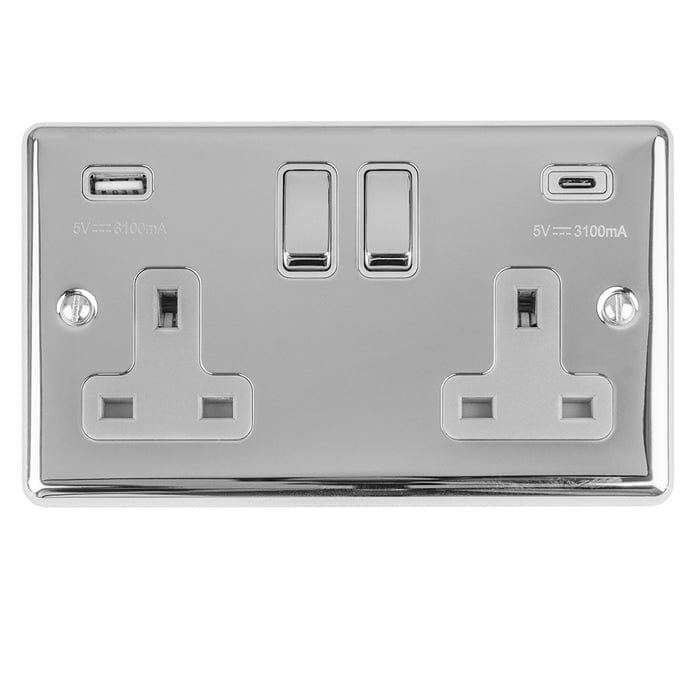 EuroLite Electrical Polished Chrome / 2 Gang 13Amp Switched Socket With Usb C / (With Rockers Trim) Eurolite Enhance Decorative 2 Gang 13Amp Switched Socket With Usb C Polished Chrome - Polished Chrome (With Rockers Trim)