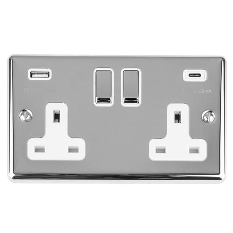 EuroLite Electrical Polished Chrome / 2 Gang 13Amp Switched Socket With Usb C / (With Rockers Trim) Eurolite Enhance Decorative 2 Gang 13Amp Switched Socket With Usb C Polished Chrome - Polished Chrome (With Rockers Trim)