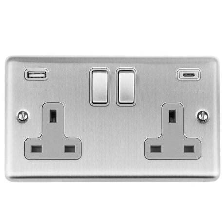 EuroLite Electrical Satin Stainless / 2 Gang 13Amp Switched Socket With Usb C / (With Rockers Trim) Eurolite Enhance Decorative 2 Gang 13Amp Switched Socket With Usb C Stainless Steel - Satin Stainless (With Rockers Trim)