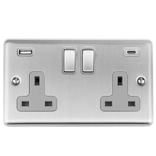 EuroLite Electrical Satin Stainless / 2 Gang 13Amp Switched Socket With Usb C / (With Rockers Trim) Eurolite Enhance Decorative 2 Gang 13Amp Switched Socket With Usb C Stainless Steel - Satin Stainless (With Rockers Trim)