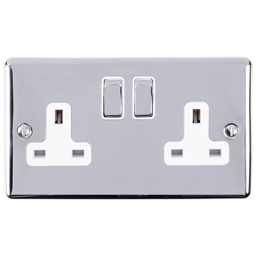 EuroLite Electrical Polished Chrome / 2 Gang Socket / (With White Trim) Eurolite Enhance Decorative 2 Gang Socket - Polished Chrome (With White Trim)