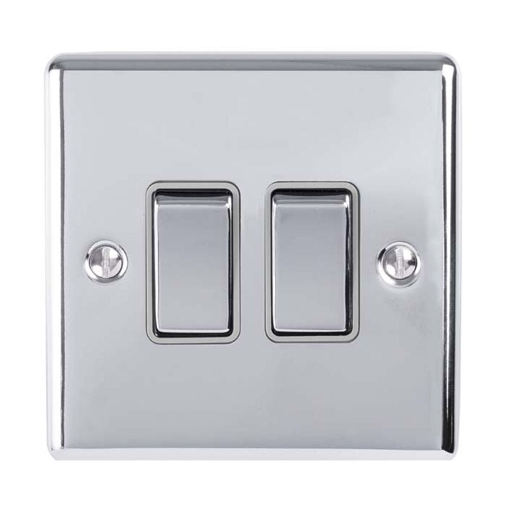 EuroLite Electrical Polished Chrome / 2 Gang Switch / (With GREY Trim) Eurolite Enhance Decorative 2 Gang Switch - Polished Chrome (With Grey Trim)
