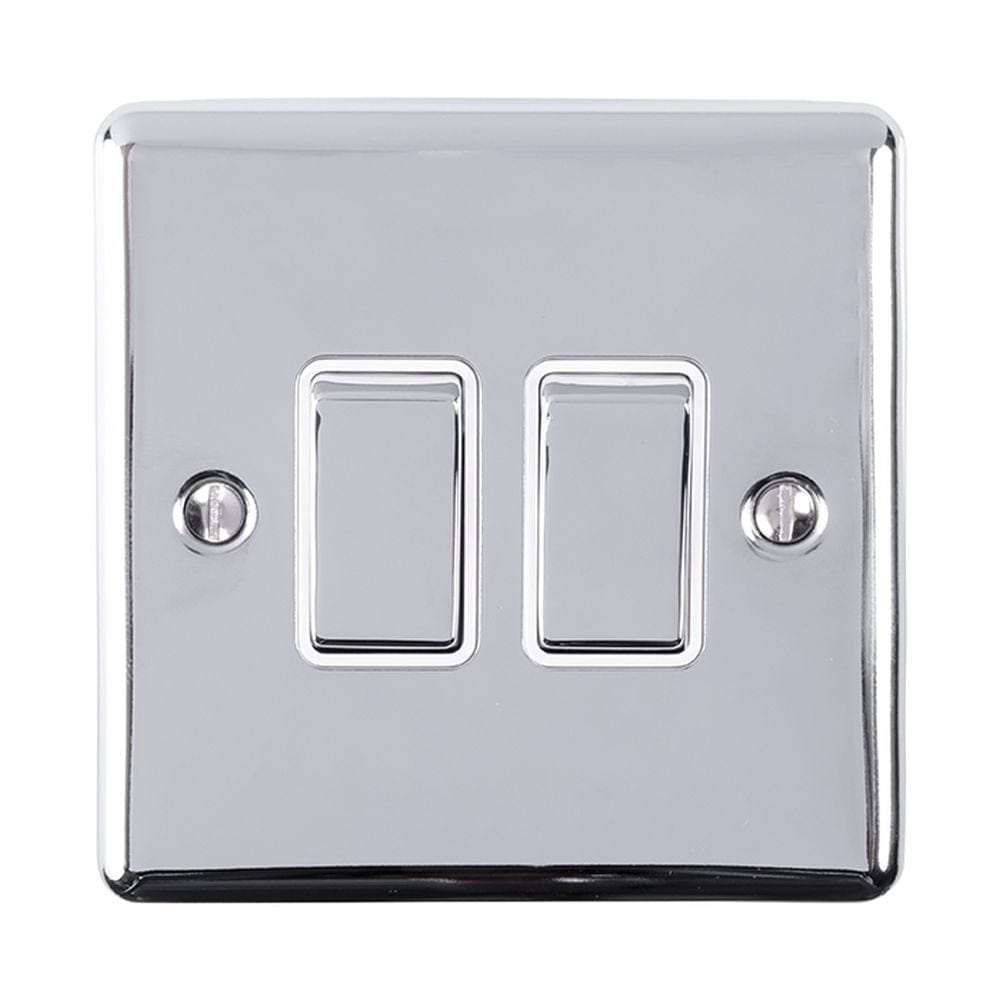 EuroLite Electrical Polished Chrome / 2 Gang Switch / (With White Trim) Eurolite Enhance Decorative 2 Gang Switch - Polished Chrome (With White Trim)