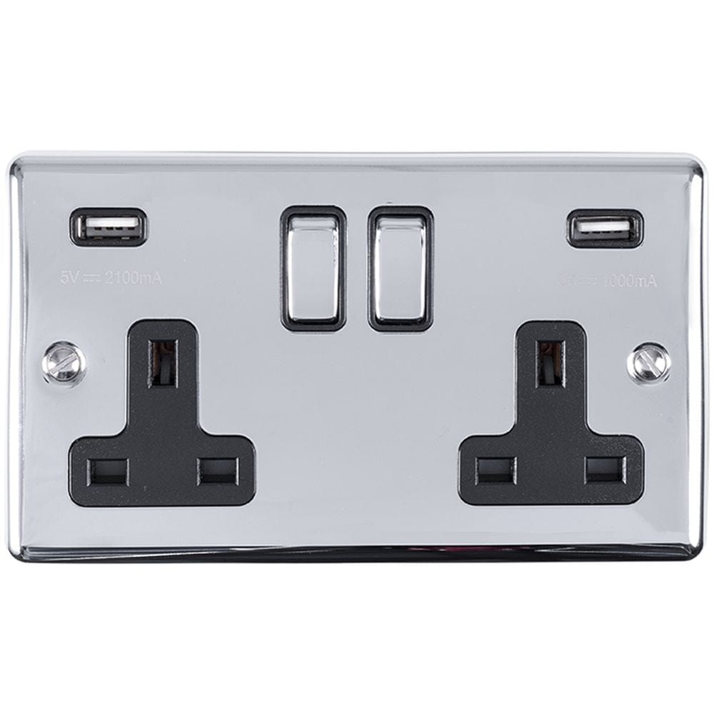 EuroLite Electrical Polished Chrome / 2 Gang USB Socket / (With Black Trim) Eurolite Enhance Decorative 2 Gang USB Socket - Polished Chrome (With Black Trim)