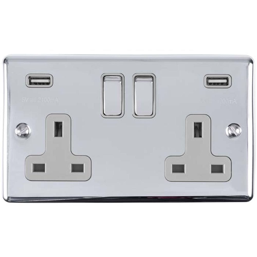 EuroLite Electrical Polished Chrome / 2 Gang USB Socket / (With GREY Trim) Eurolite Enhance Decorative 2 Gang USB Socket - Polished Chrome (With Grey Trim)