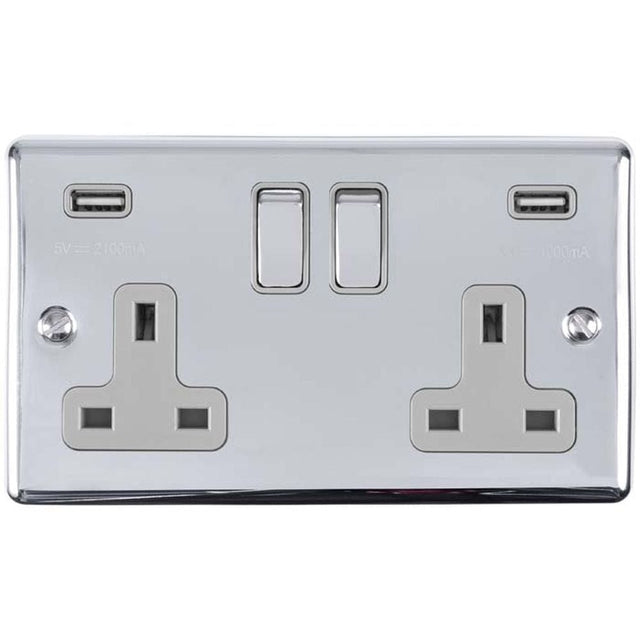 EuroLite Electrical Polished Chrome / 2 Gang USB Socket / (With GREY Trim) Eurolite Enhance Decorative 2 Gang USB Socket - Polished Chrome (With Grey Trim)