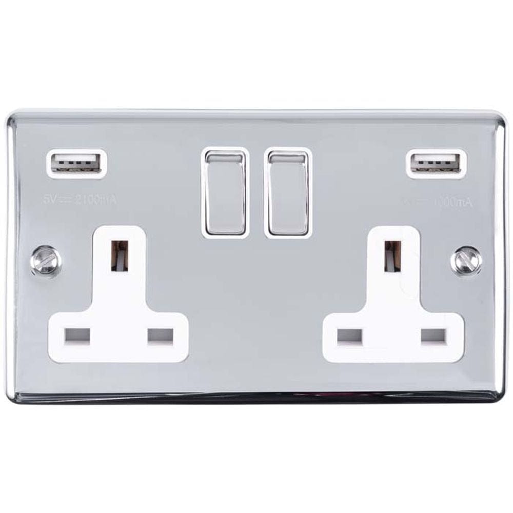 EuroLite Electrical Polished Chrome / 2 Gang USB Socket / (With White Trim) Eurolite Enhance Decorative 2 Gang USB Socket - Polished Chrome (With White Trim)