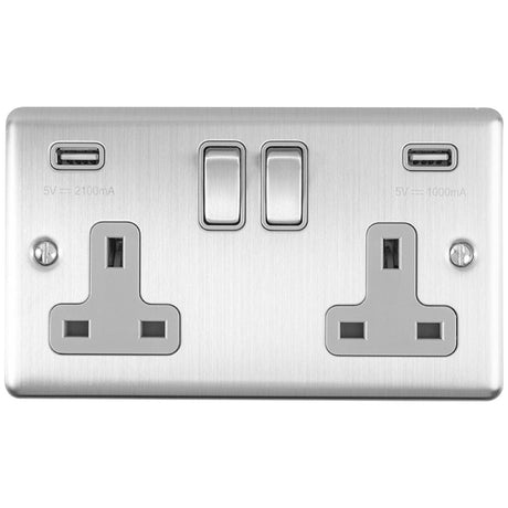 EuroLite Electrical Satin Stainless / 2 Gang USB Socket / (With Grey Trim) Eurolite Enhance Decorative 2 Gang USB Socket - Satin Stainless Steel (With Grey Trim)