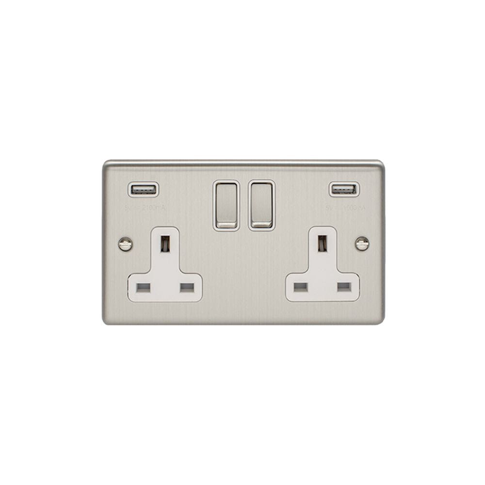 EuroLite Electrical Satin Stainless / 2 Gang USB Socket / (With White Trim) Eurolite Enhance Decorative 2 Gang USB Socket - Satin Stainless Steel (With White Trim)