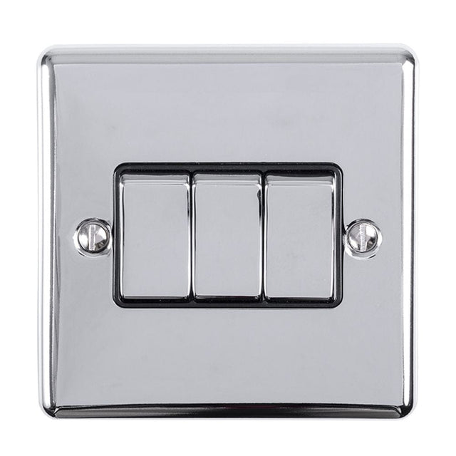 EuroLite Electrical Polished Chrome / 3 Gang Switch / (With Black Trim) Eurolite Enhance Decorative 3 Gang Switch - Polished Chrome (With Black Trim)