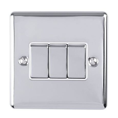EuroLite Electrical Polished Chrome / 3 Gang Switch / (With White Trim) Eurolite Enhance Decorative 3 Gang Switch - Polished Chrome (With White Trim)