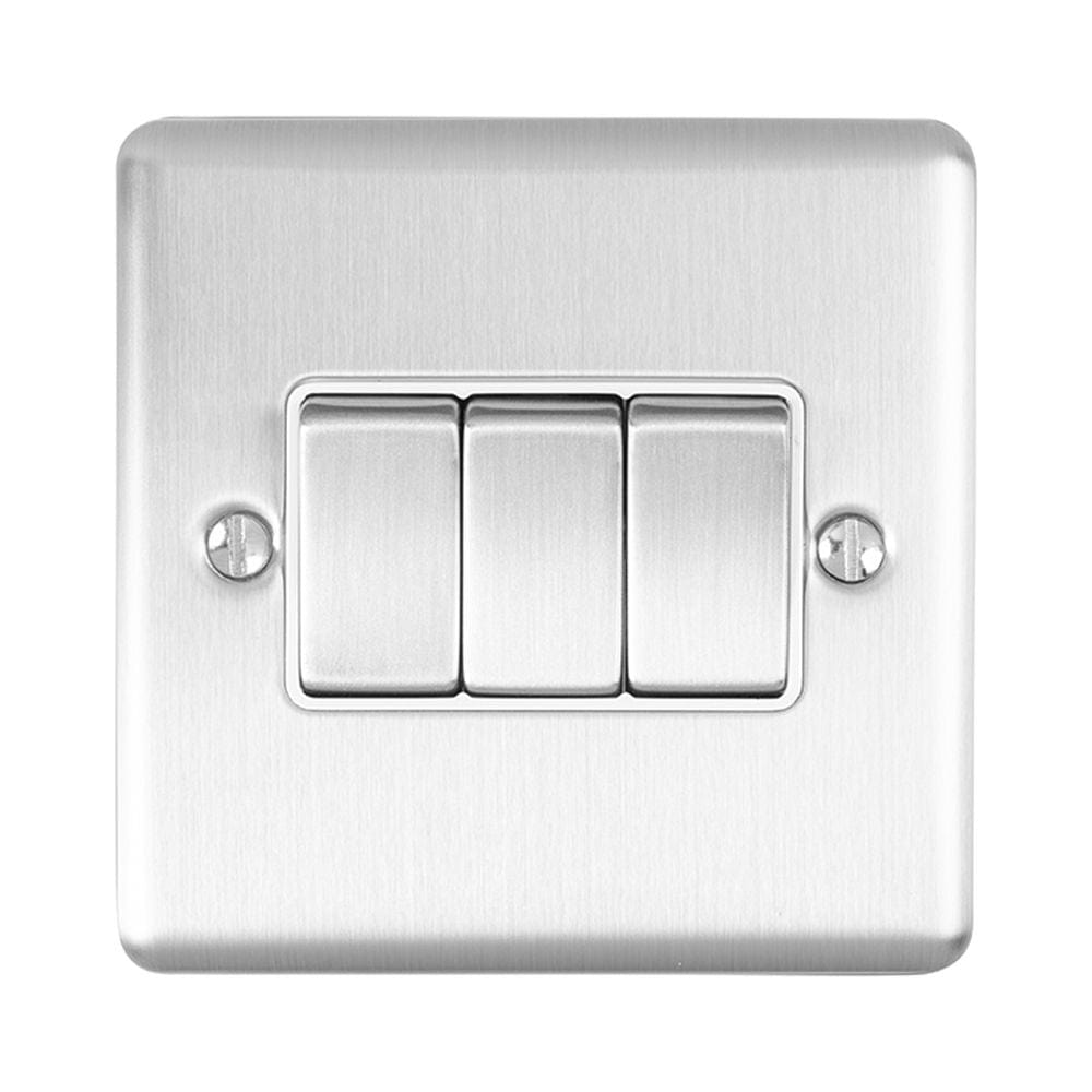 EuroLite Electrical Satin Stainless / 3 Gang Switch / (With White Trim) Eurolite Enhance Decorative 3 Gang Switch - Satin Stainless Steel (With White Trim)