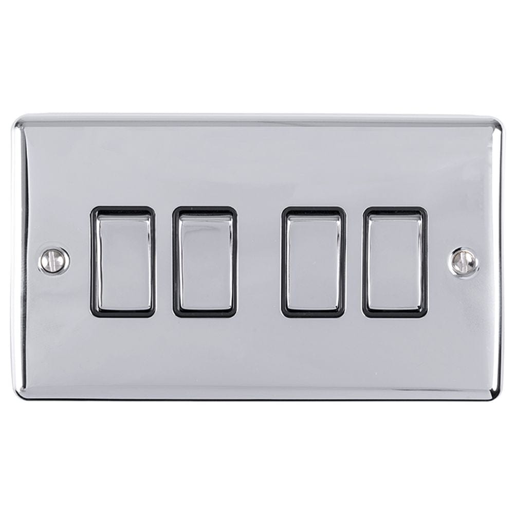 EuroLite Electrical Polished Chrome / 4 Gang Switch / (With Black Trim) Eurolite Enhance Decorative 4 Gang Switch - Polished Chrome (With Black Trim)