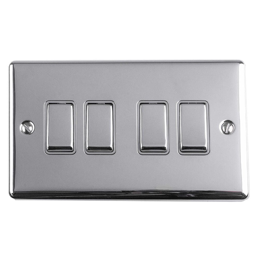 EuroLite Electrical Polished Chrome / 4 Gang Switch / (With GREY Trim) Eurolite Enhance Decorative 4 Gang Switch - Polished Chrome (With Grey Trim)