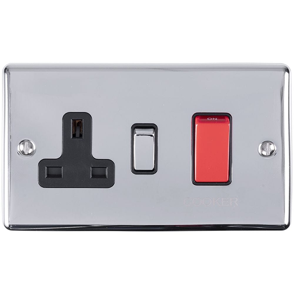 EuroLite Electrical Polished Chrome / 45Amp Switch with a socket / (With Black Trim) Eurolite Enhance Decorative 45Amp Switch with a socket - Polished Chrome (With Black Trim)