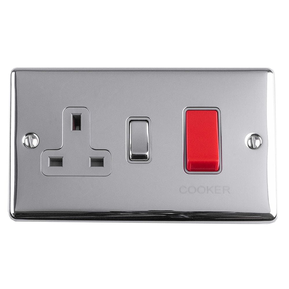 EuroLite Electrical Polished Chrome / 45Amp Switch with a socket / (With GREY Trim) Eurolite Enhance Decorative 45Amp Switch with a socket - Polished Chrome (With Grey Trim)