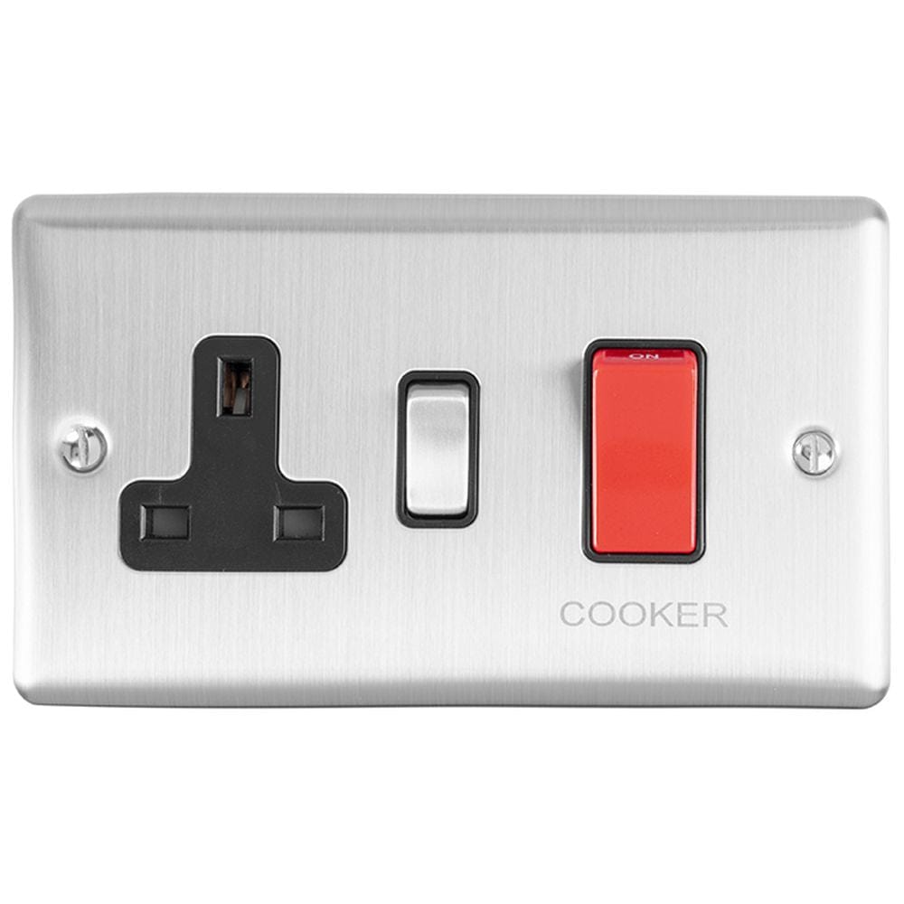 EuroLite Electrical Satin Stainless / 45Amp Switch with a socket / (With Black Trim) Eurolite Enhance Decorative 45Amp Switch with a socket - Satin Stainless Steel (With Black Trim)