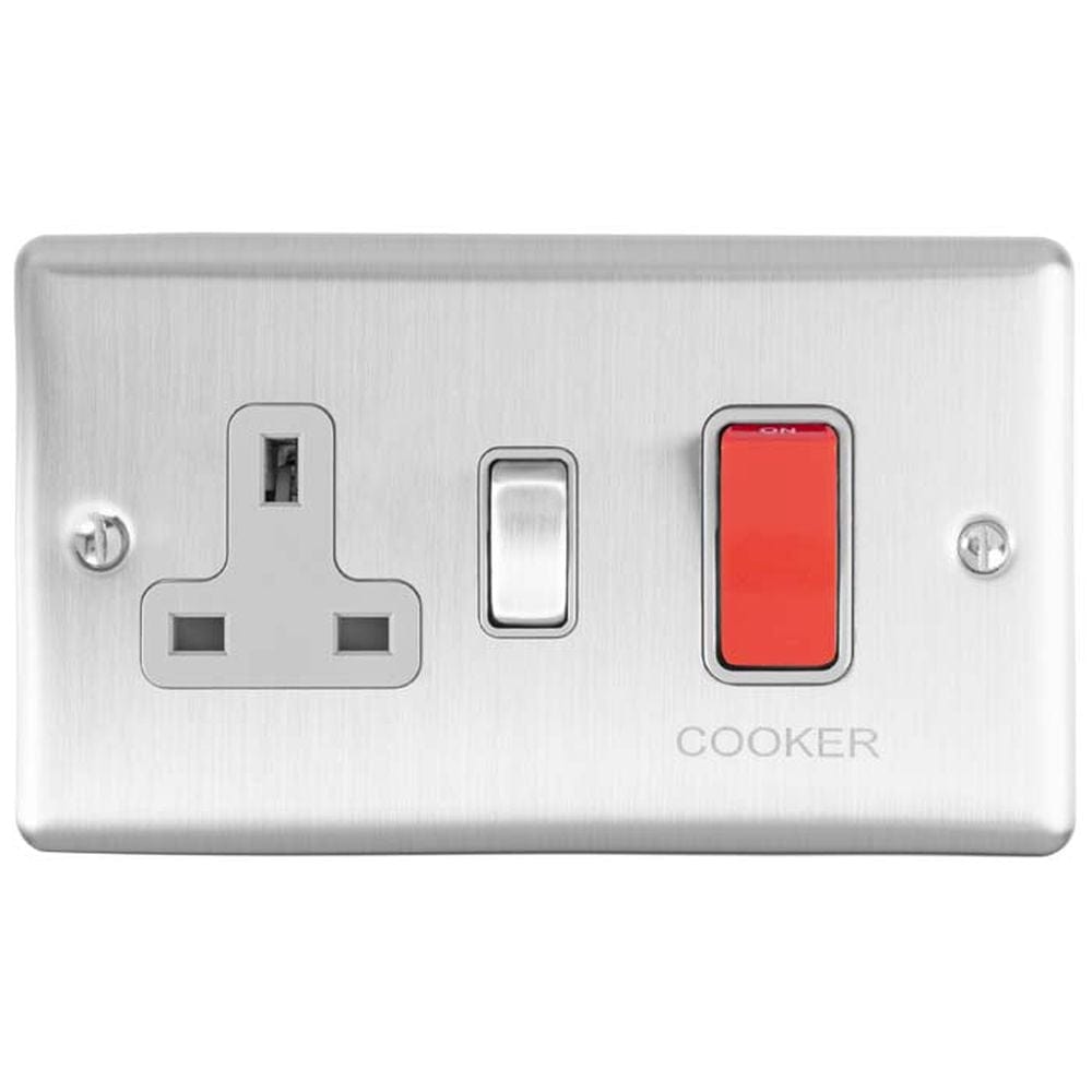 EuroLite Electrical Satin Stainless / 45Amp Switch with a socket / (With Grey Trim) Eurolite Enhance Decorative 45Amp Switch with a socket - Satin Stainless Steel (With Grey Trim)