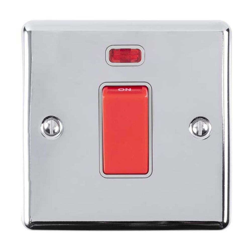 EuroLite Electrical Polished Chrome / 45Amp Switch with Neon Indicator / (With GREY Trim) Eurolite Enhance Decorative 45Amp Switch with Neon Indicator - Polished Chrome (With Grey Trim)