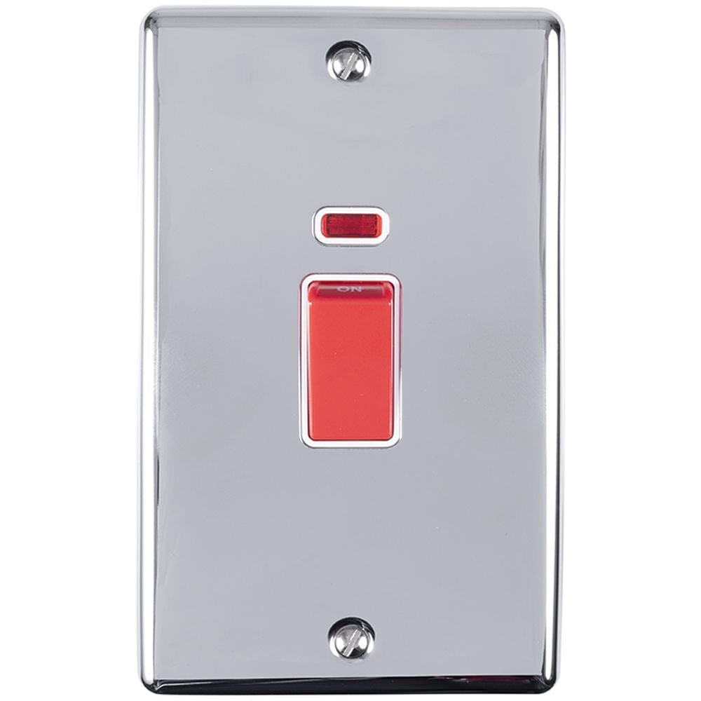 EuroLite Electrical Polished Chrome / 45Amp Switch with Neon Indicator / (With White Trim) Eurolite Enhance Decorative 45Amp Switch with Neon Indicator - Polished Chrome (With White Trim)