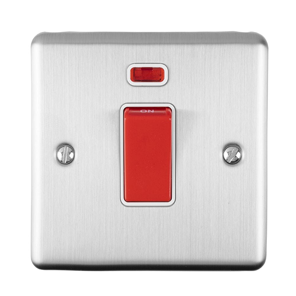 EuroLite Electrical Satin Stainless / 45Amp Switch with Neon Indicator / (With White Trim) Eurolite Enhance Decorative 45Amp Switch with Neon Indicator - Satin Stainless Steel (With White Trim)