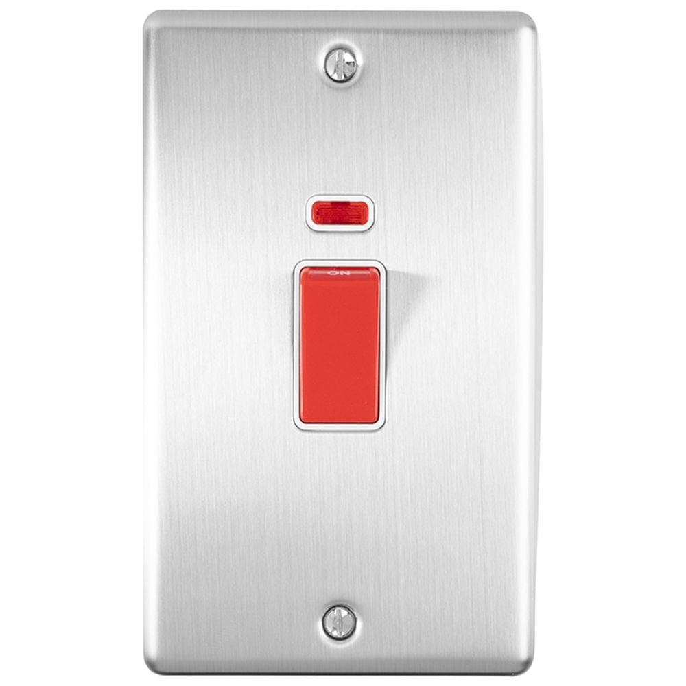 EuroLite Electrical Satin Stainless / 45Amp Switch with Neon Indicator / (With White Trim) Eurolite Enhance Decorative 45Amp Switch with Neon Indicator - Satin Stainless Steel (With White Trim)