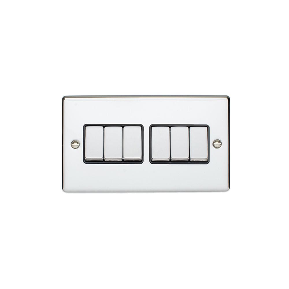 EuroLite Electrical Polished Chrome / 6 Gang Switch / (With Black Trim) Eurolite Enhance Decorative 6 Gang Switch - Polished Chrome (With Black Trim)