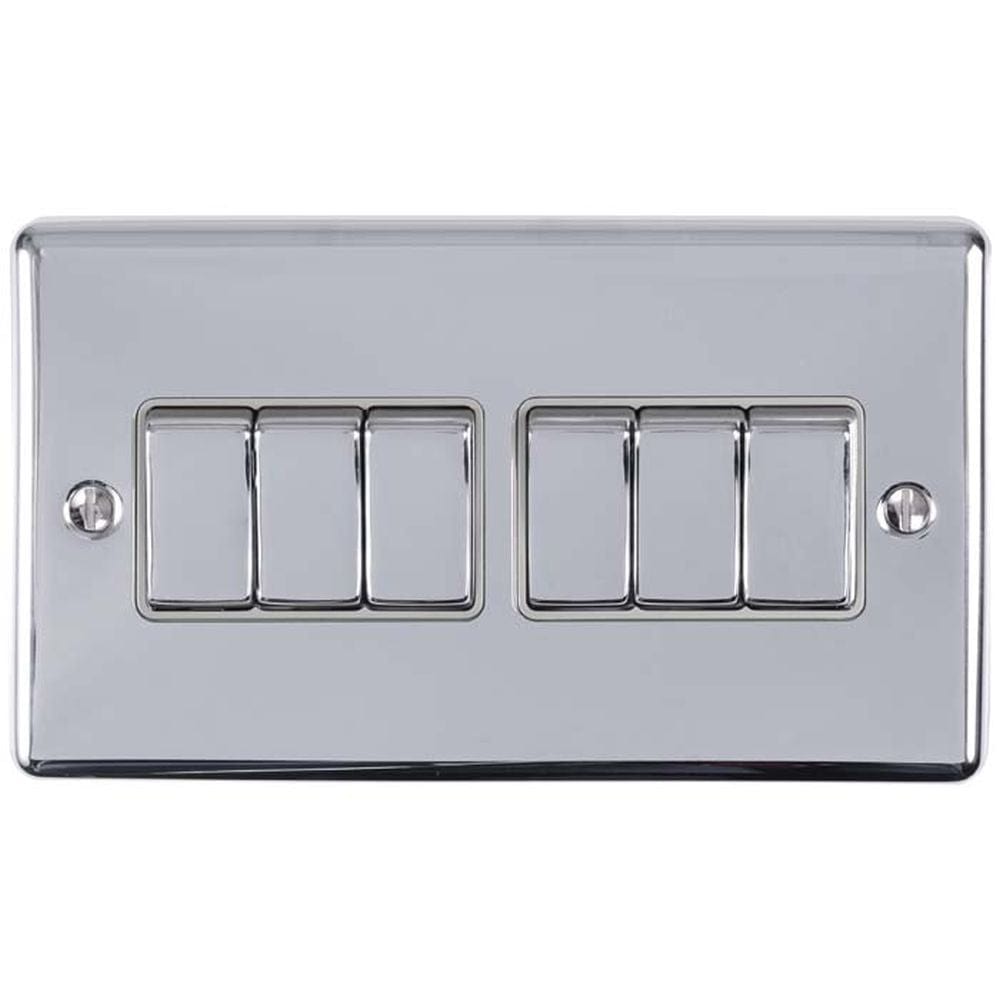 EuroLite Electrical Polished Chrome / 6 Gang Switch / (With GREY Trim) Eurolite Enhance Decorative 6 Gang Switch - Polished Chrome (With Grey Trim)