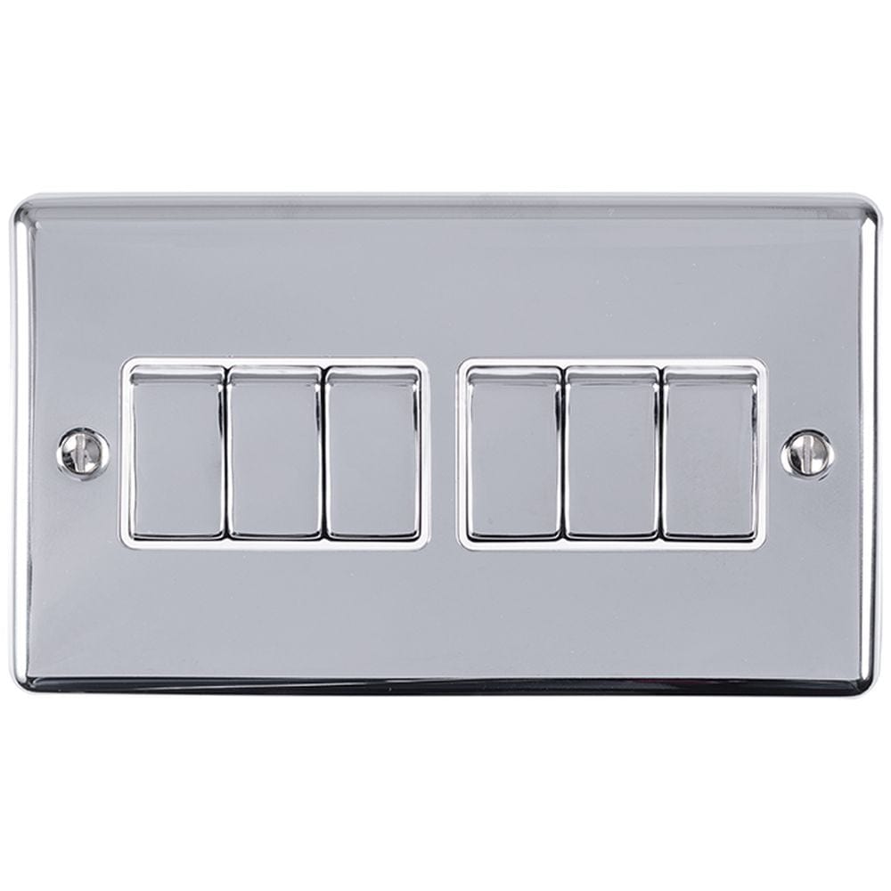 EuroLite Electrical Polished Chrome / 6 Gang Switch / (With White Trim) Eurolite Enhance Decorative 6 Gang Switch - Polished Chrome (With White Trim)
