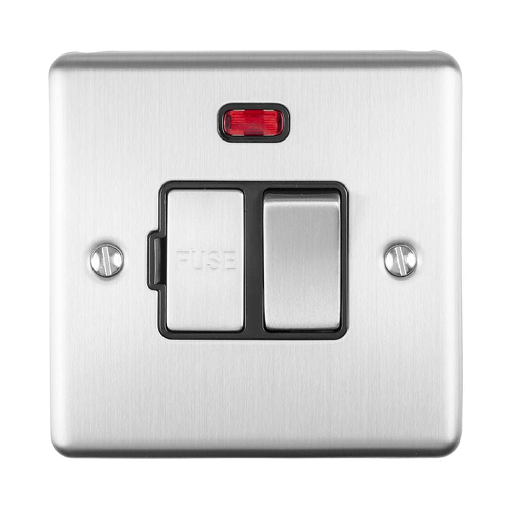 EuroLite Electrical Satin Stainless / Switched Fuse Spur With Neon Indicator / (With Black Trim) Eurolite Enhance Decorative Switched Fuse Spur With Neon Indicator - Satin Stainless Steel (With Black Trim)