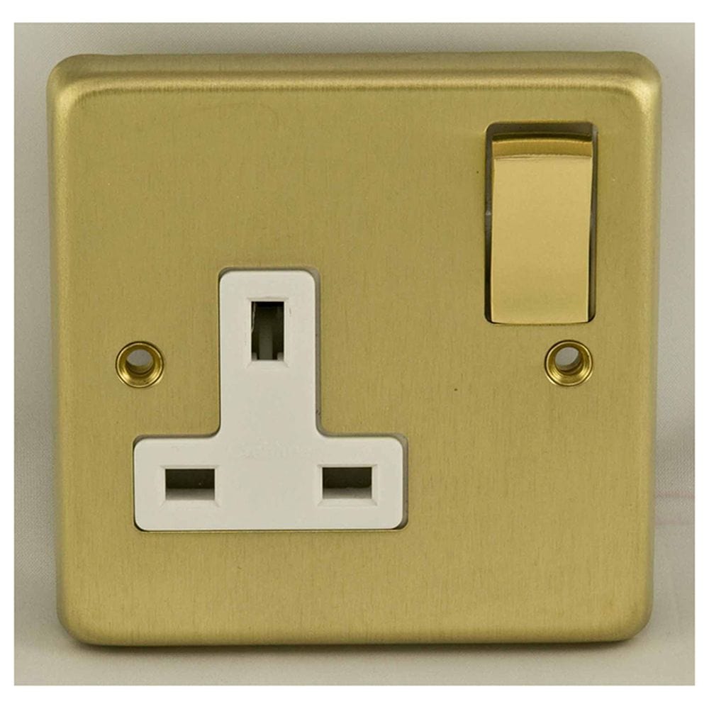 EuroLite Electrical Satin Brass / 1 Gang Socket / (With White Trim) Eurolite Stainless Steel 1 Gang Socket - Satin Brass (With White Trim)