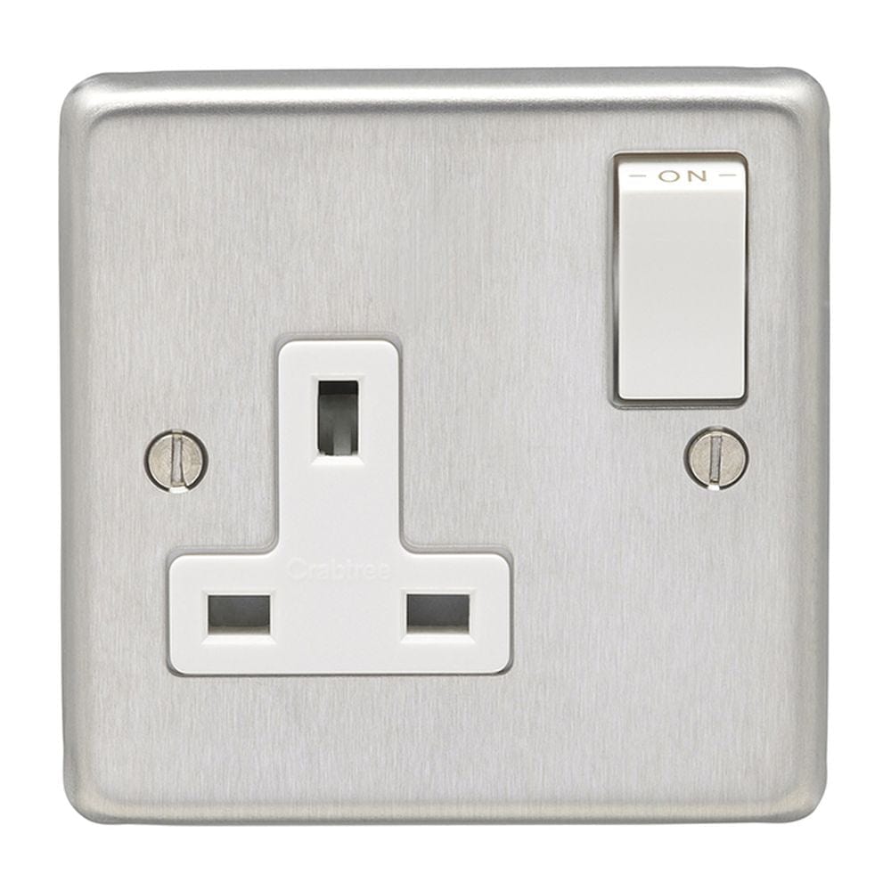 EuroLite Electrical Satin Stainless Steel / 1 Gang Socket / (With White Trim) Eurolite Stainless Steel 1 Gang Socket - Satin Stainless Steel (With White Trim)