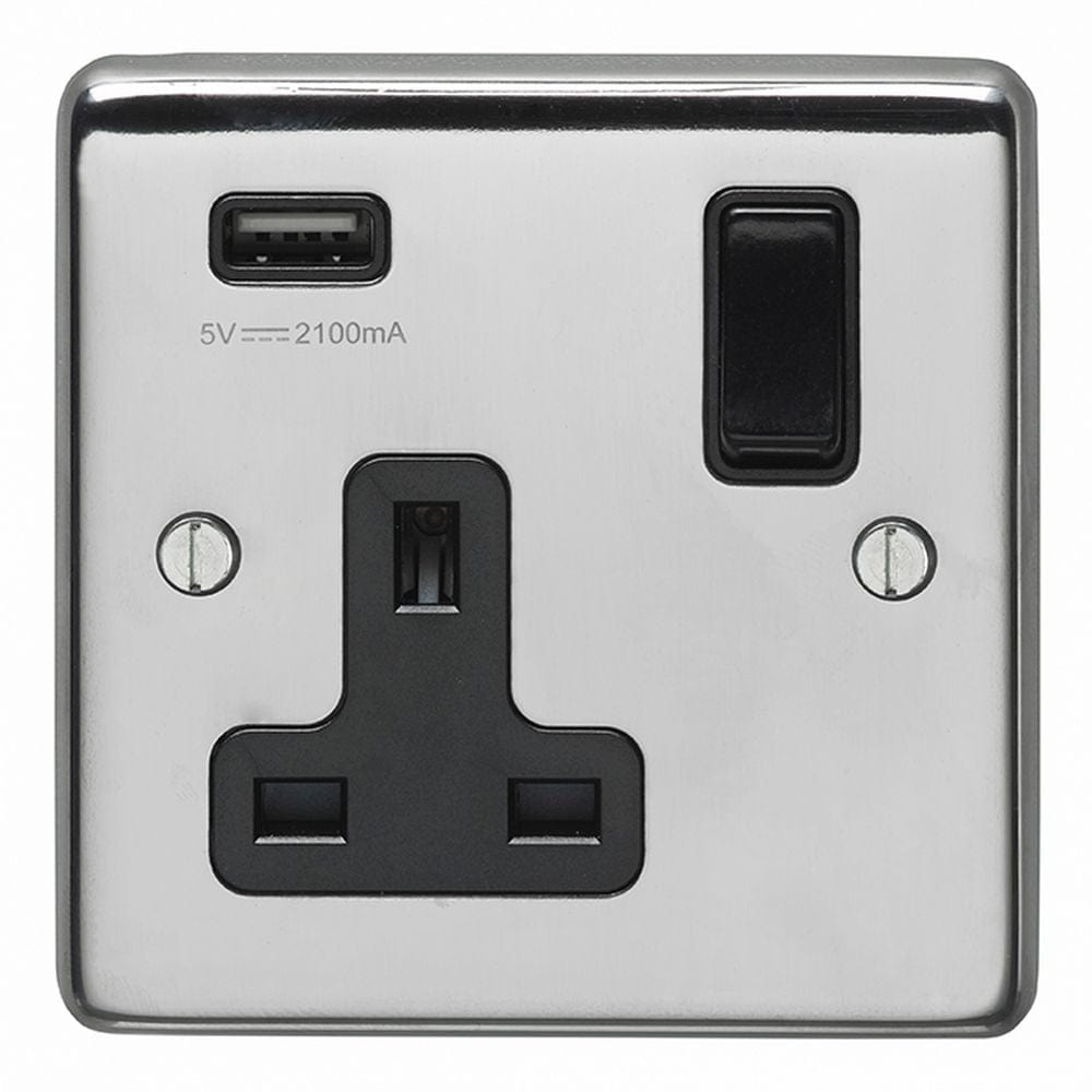 EuroLite Electrical Polished Stainless Steel / 1 Gang USB Socket / (With Black Trim) Eurolite Stainless Steel 1 Gang USB Socket - Polished Stainless Steel (With Black Trim)
