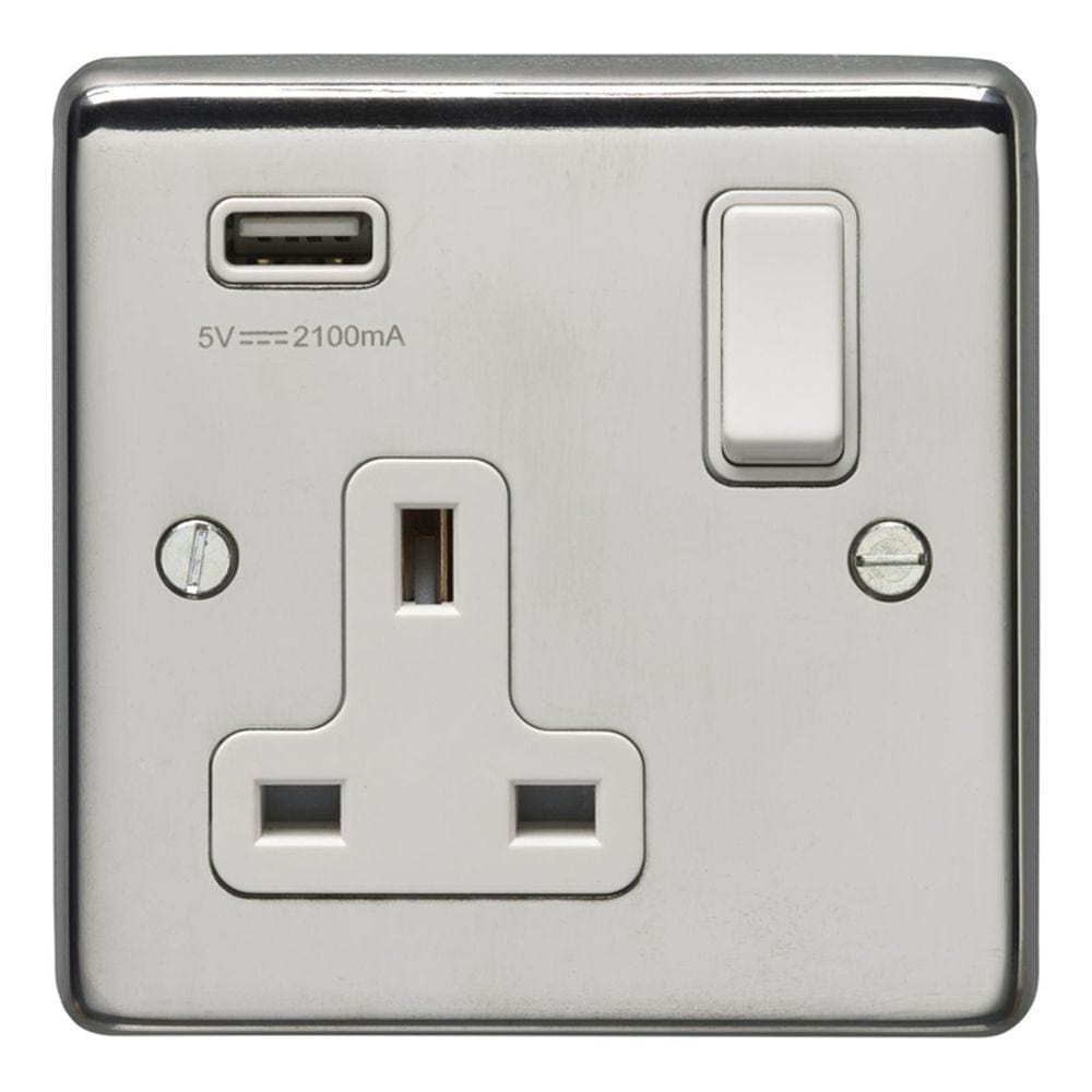 EuroLite Electrical Polished Stainless Steel / 1 Gang USB Socket / (With White Trim) Eurolite Stainless Steel 1 Gang USB Socket - Polished Stainless Steel (With White Trim)