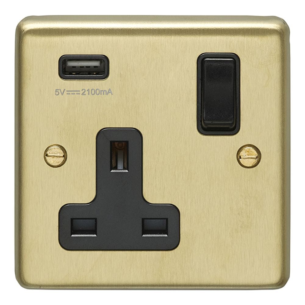 EuroLite Electrical Satin Brass / 1 Gang USB Socket / (With Black Trim) Eurolite Stainless Steel 1 Gang USB Socket - Satin Brass (With Black Trim)