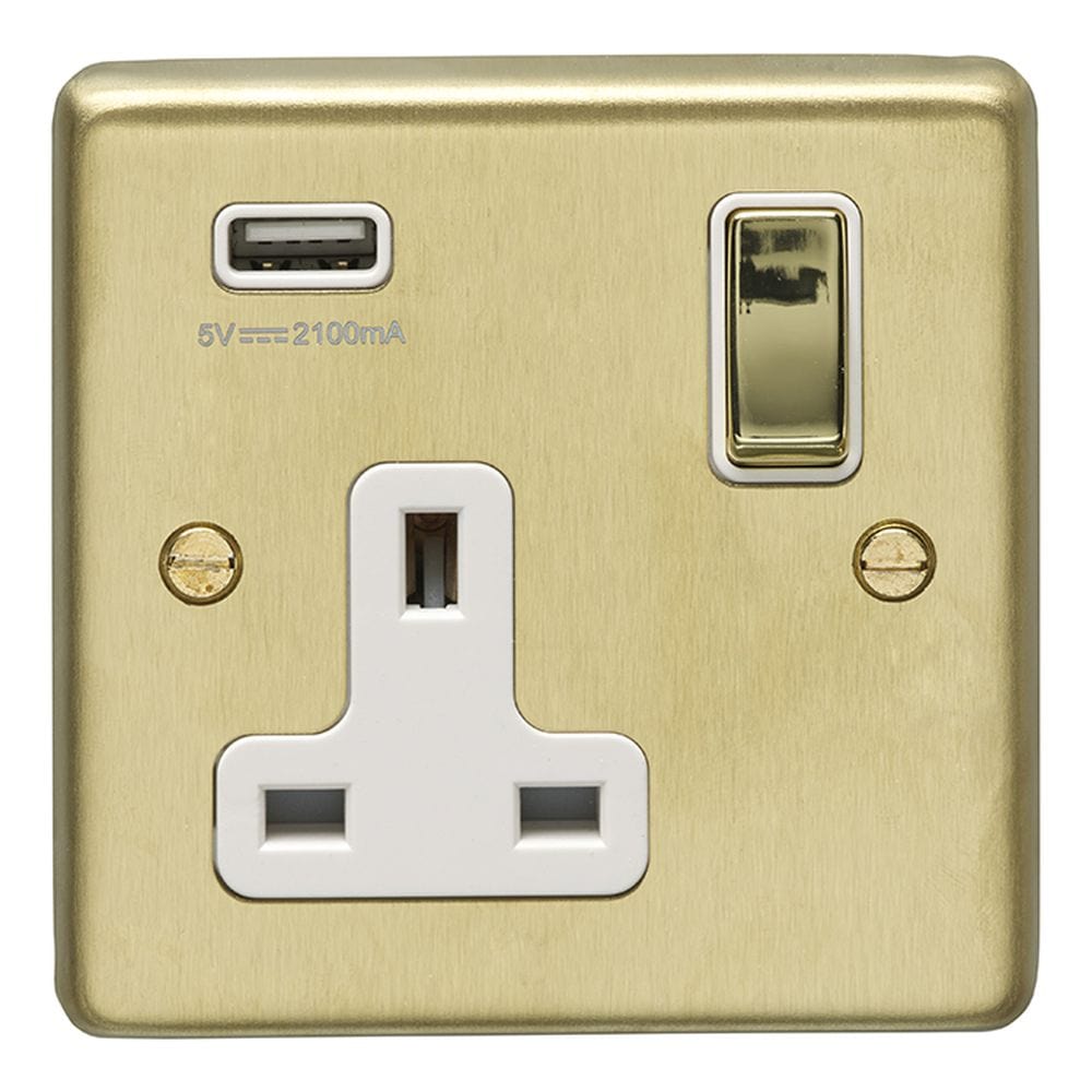 EuroLite Electrical Satin Brass / 1 Gang USB Socket / (With White Trim) Eurolite Stainless Steel 1 Gang USB Socket - Satin Brass (With White Trim)