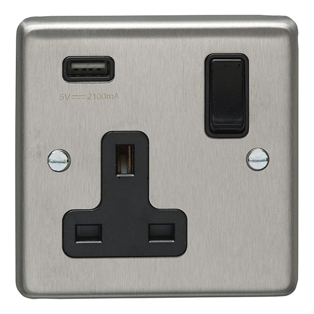 EuroLite Electrical Satin Stainless Steel / 1 Gang USB Socket / (With Black Trim) Eurolite Stainless Steel 1 Gang USB Socket - Satin Stainless Steel (With Black Trim)