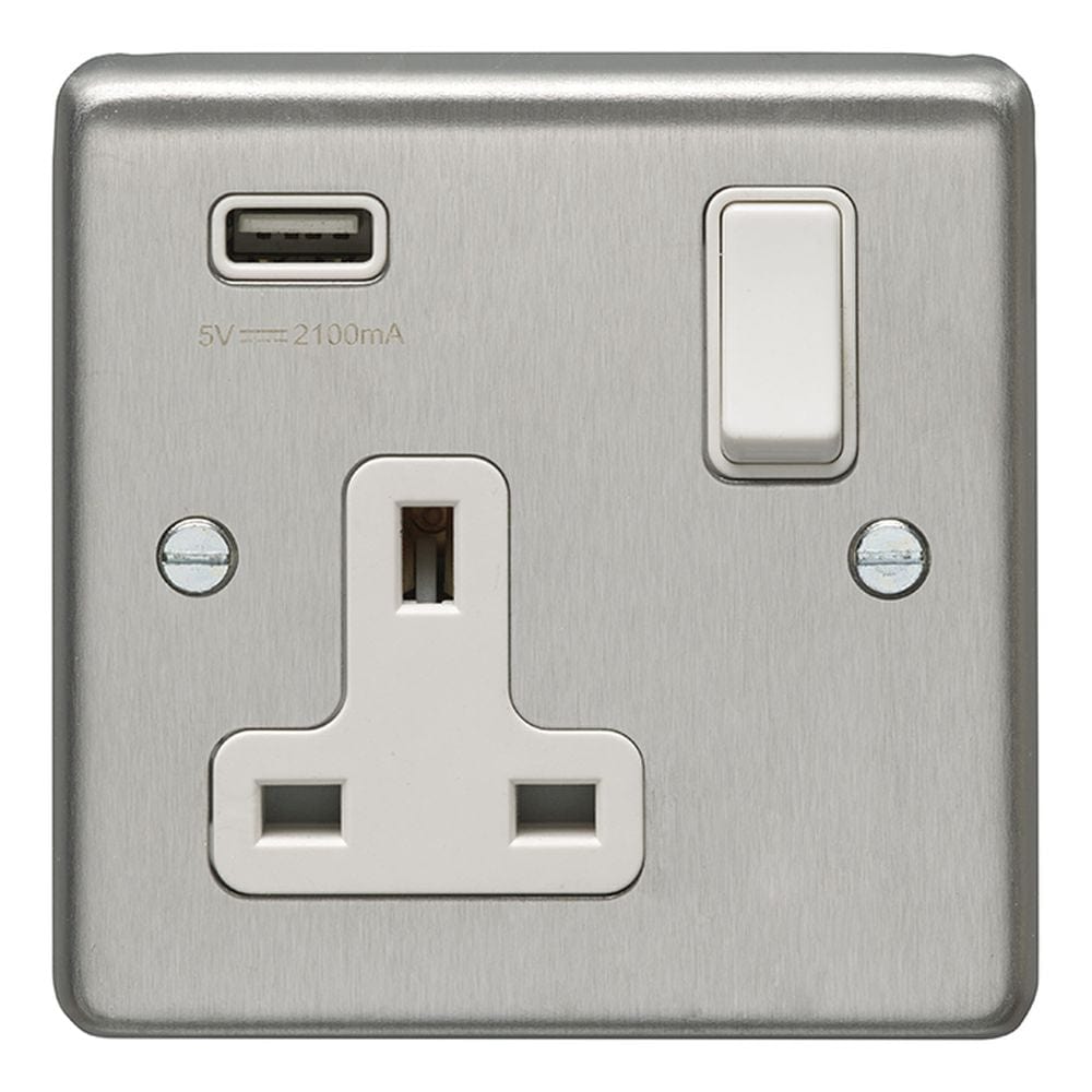 EuroLite Electrical Satin Stainless Steel / 1 Gang USB Socket / (With White Trim) Eurolite Stainless Steel 1 Gang USB Socket - Satin Stainless Steel (With White Trim)