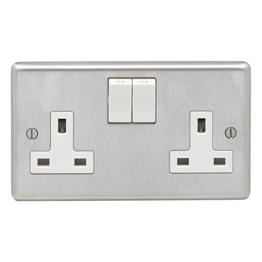 EuroLite Electrical Satin Stainless Steel / 2 Gang Socket / (With White Trim) Eurolite Stainless Steel 2 Gang Socket - Satin Stainless Steel (With White Trim)