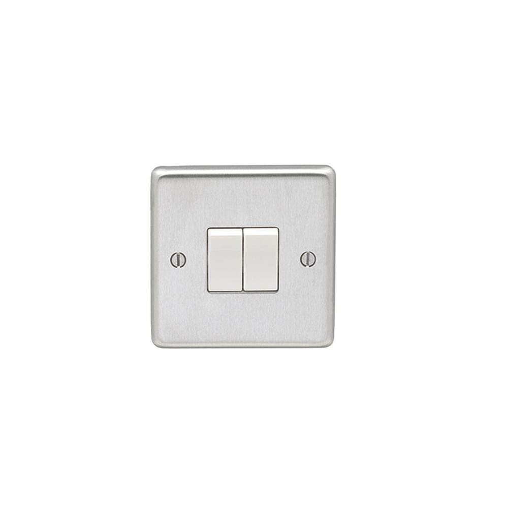 EuroLite Electrical Satin Stainless Steel / 2 Gang Switch / (With White Trim) Eurolite Stainless Steel 2 Gang Switch - Satin Stainless Steel (With White Trim)