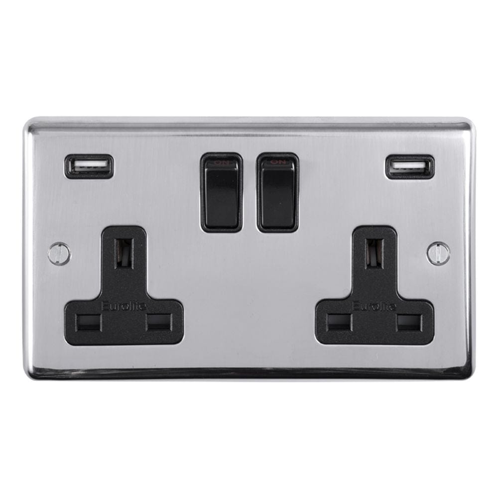 EuroLite Electrical Polished Stainless Steel / 2 Gang USB Socket / (With Black Trim) Eurolite Stainless Steel 2 Gang USB Socket - Polished Stainless Steel (With Black Trim)