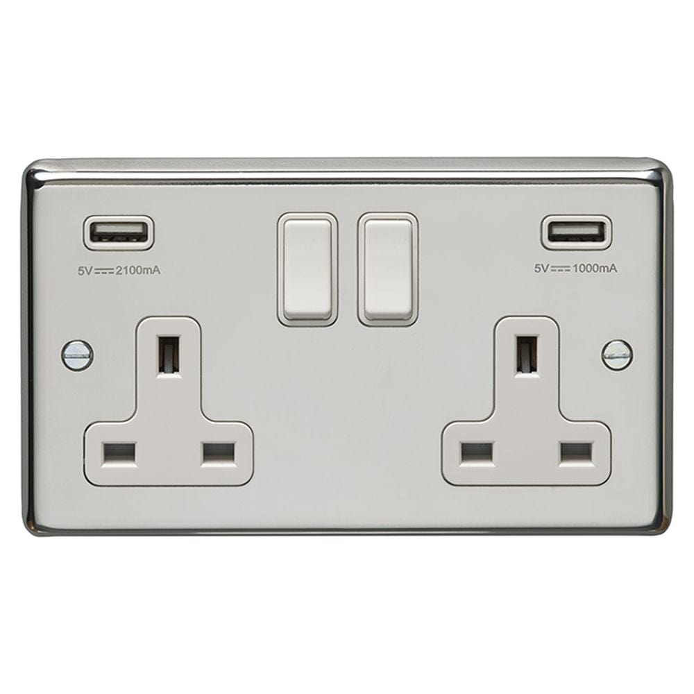 EuroLite Electrical Polished Stainless Steel / 2 Gang USB Socket / (With White Trim) Eurolite Stainless Steel 2 Gang USB Socket - Polished Stainless Steel (With White Trim)